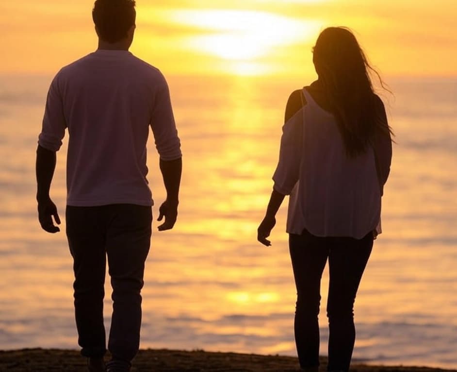 Couple walking on beach path at sunset